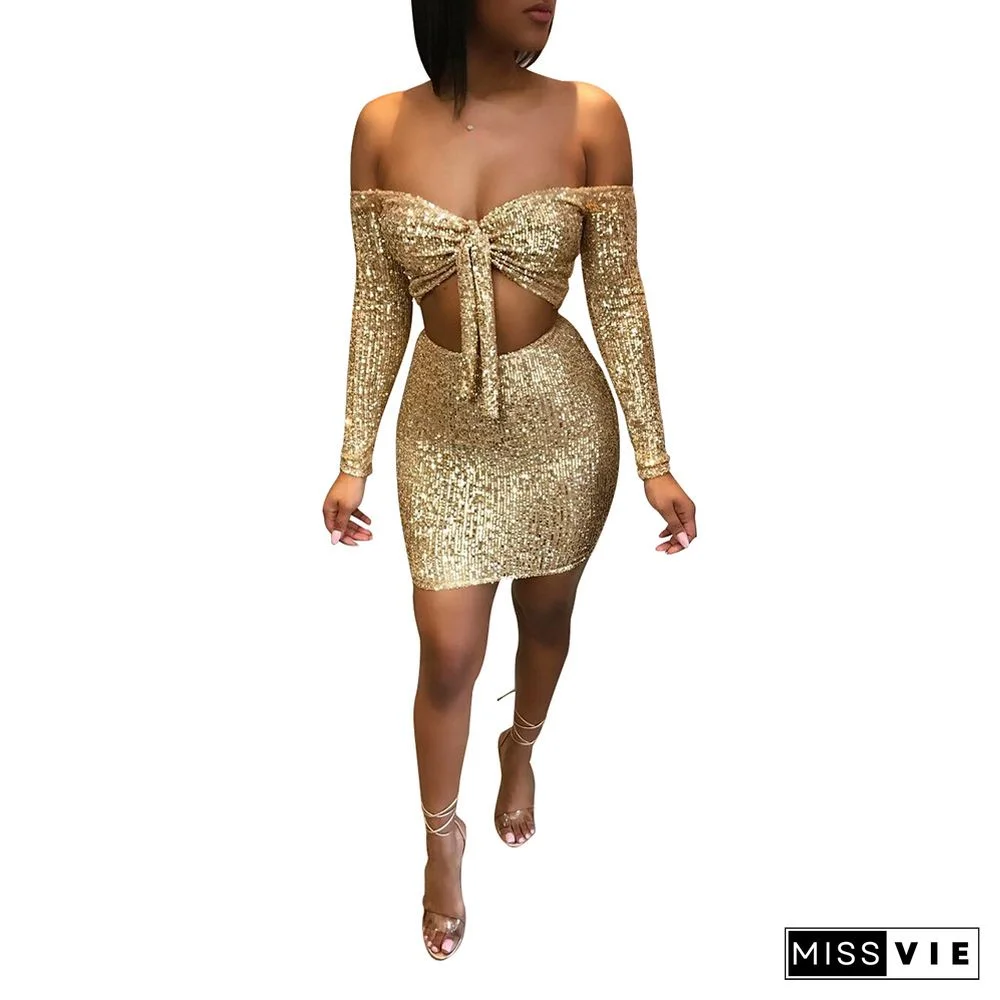 Sexy Wrapped Chest Sequin Nightclub Two Pieces Skirt Set