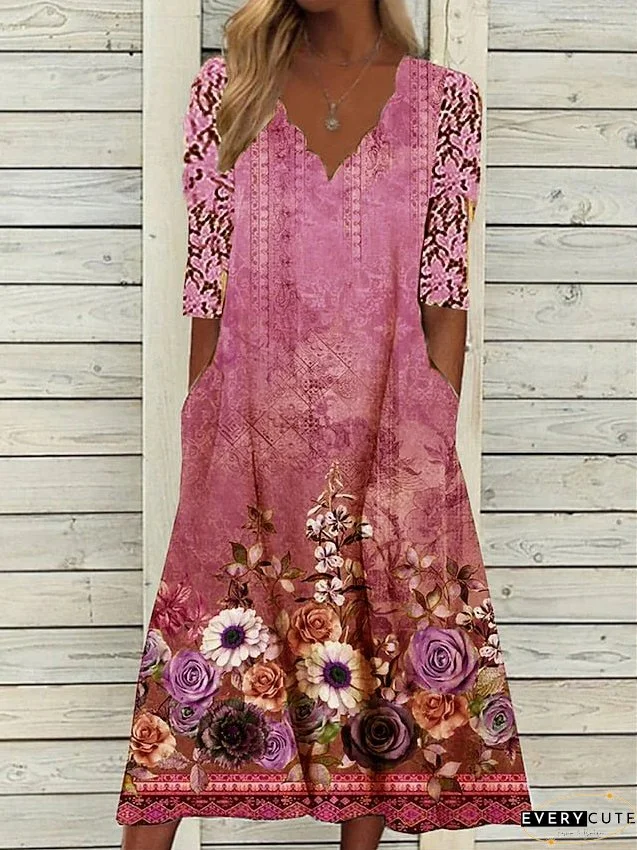 Casual Dress Summer Dress Print Dress Floral Lace Pocket Scalloped Neck Lace Sleeve Midi Dress Fashion Mature Outdoor Daily Half Sleeve Loose Fit Pink Blue Green Summer Spring S M L XL XXL for Women
