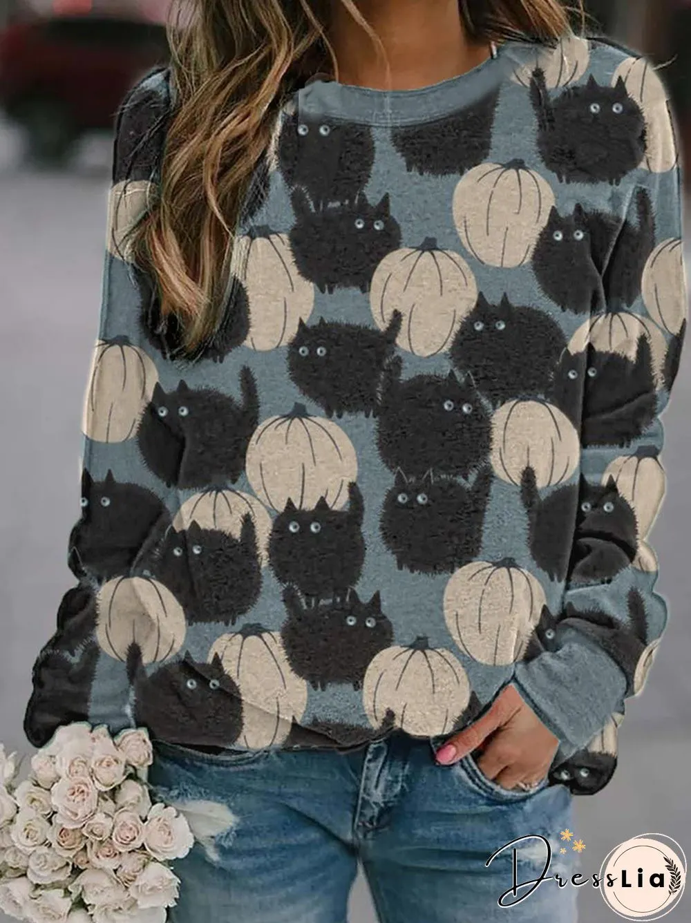 Winter Printed Round Neck Long Sleeve Outwear Pullover