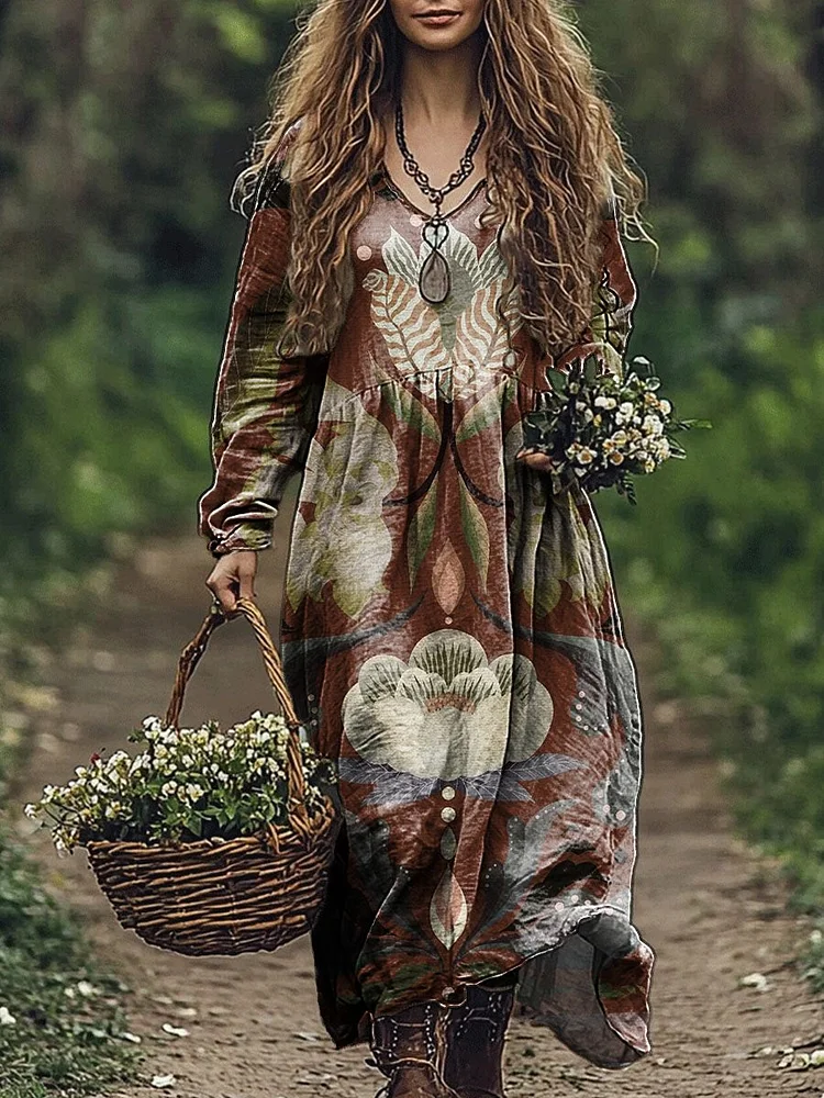 Women's Vintage Floral Art Print Pocket Cotton V Neck Long Sleeve Dress