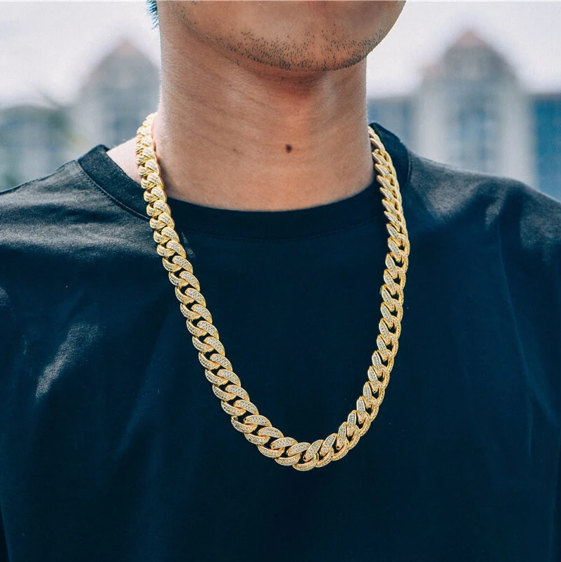 15mm Gold Sliver Iced Out Cuban Link Chain