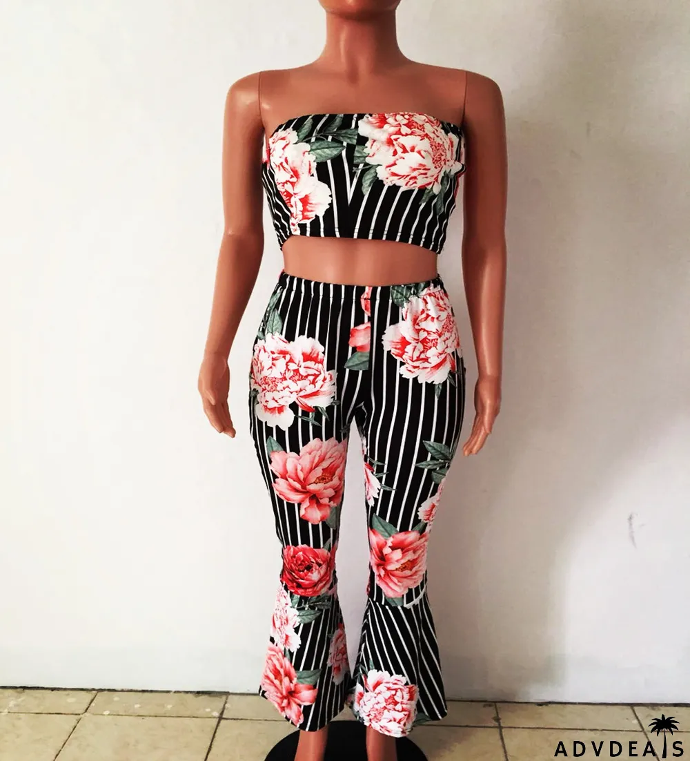 Floral Print Striped Tube Top And Pants 2 Piece Sets