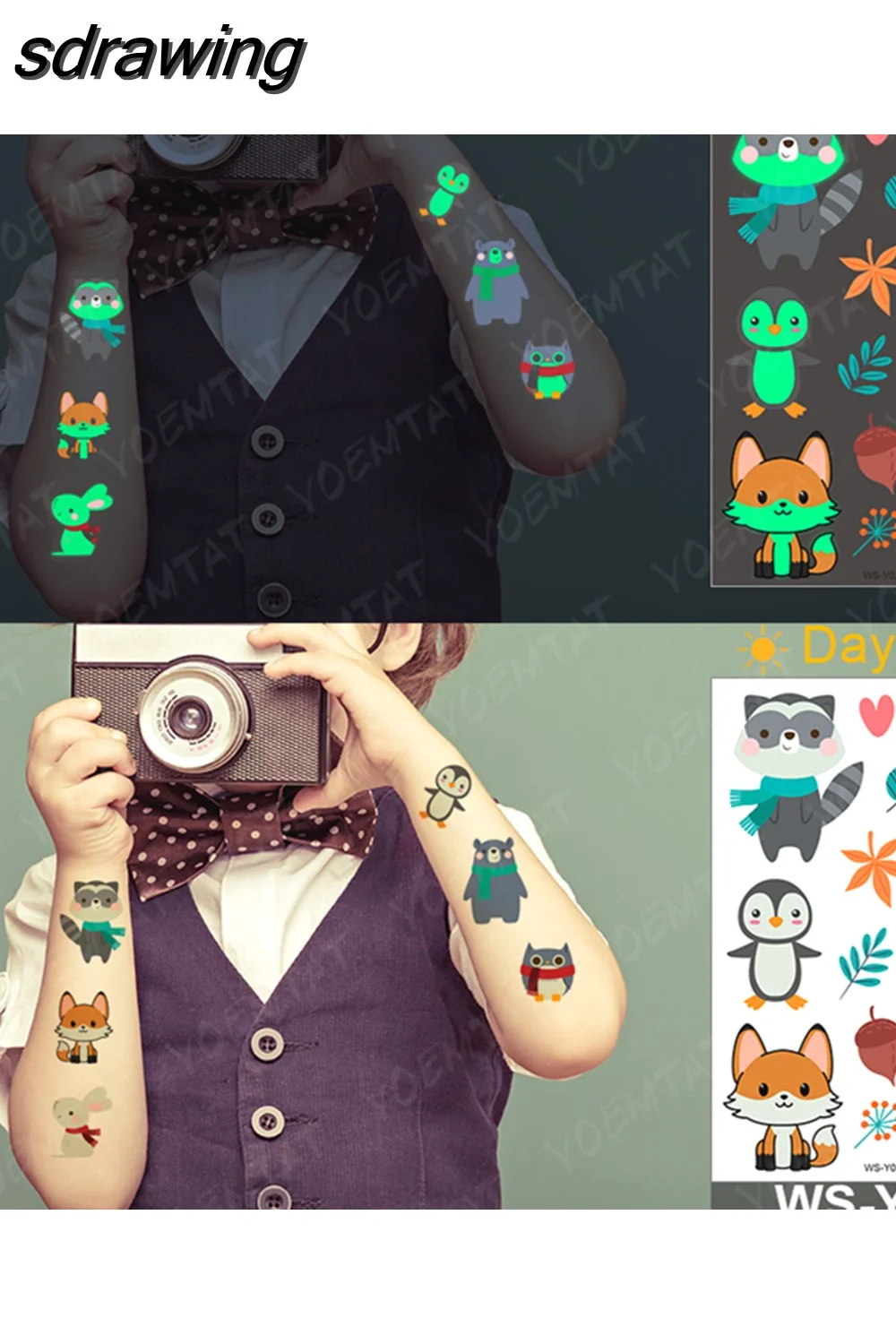 sdrawing Waterproof Temporary Tattoo Woman Sticker Panda Tiger Cute Animal Glowing Tatto Boy Girl Baby Child Kid Flash Fake Tato