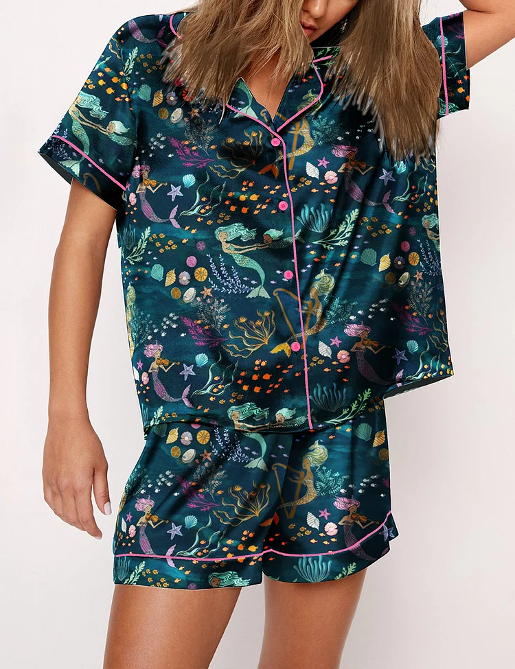 Women’s Mermaid Music Undersea Beauty Animals and Plants Short Sleeve Satin Pajama Set