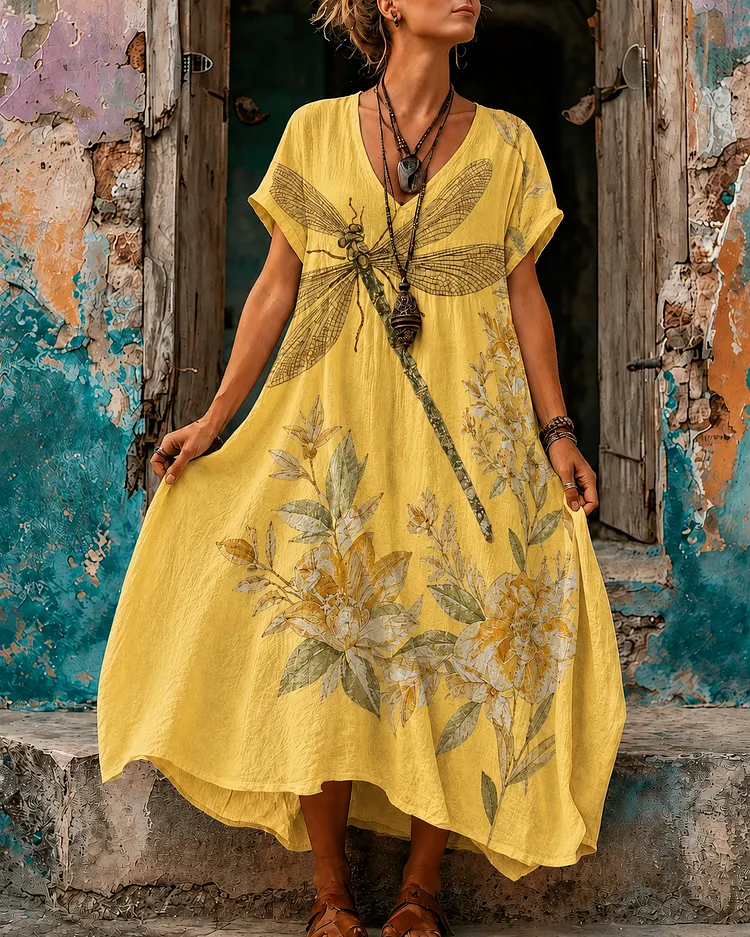 Women's Retro Bohemia Dragonfly Floral Print V-Neck Short Sleeve Maxi Dress