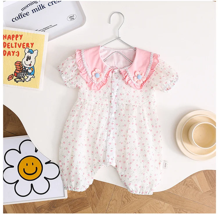 Summer 95% Cotton Baby Girl Sweet Ruffle Collar Floral Romper
