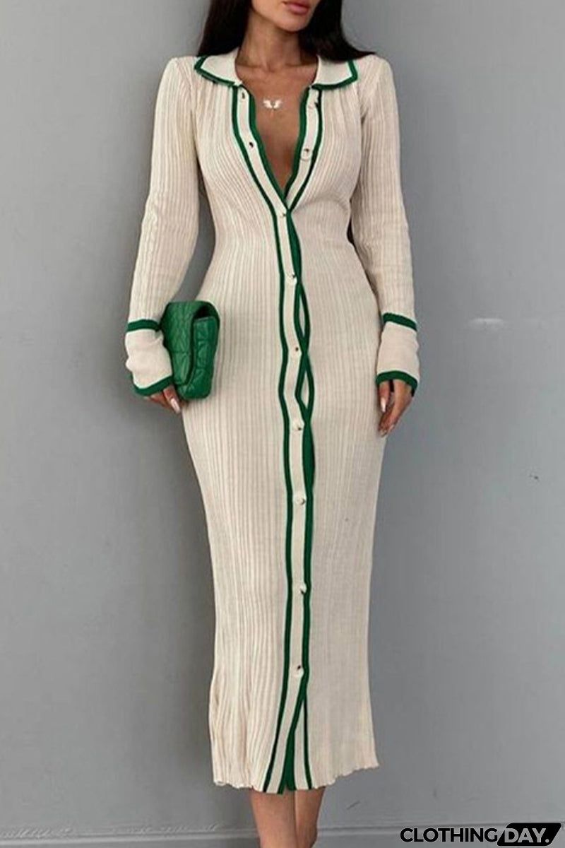 Sexy Casual Striped Contrast Turndown Collar Long Sleeve Dresses