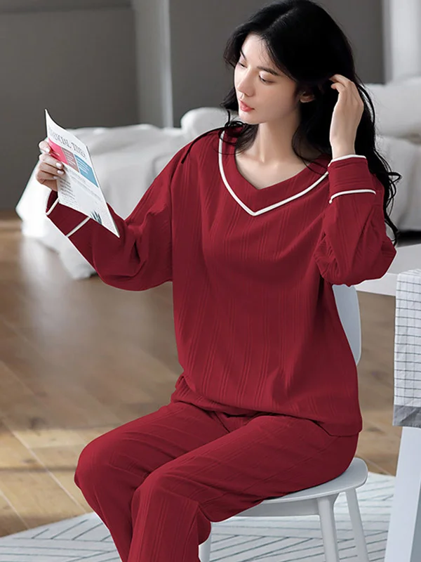 Casual Roomy 8 Colors V-Neck Long Sleeves T-Shirt Top&Pants Pajamas Set