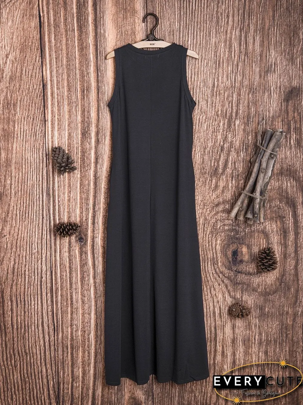 Cotton-Blend Solid Sleeveless Crew Neck Casualdress