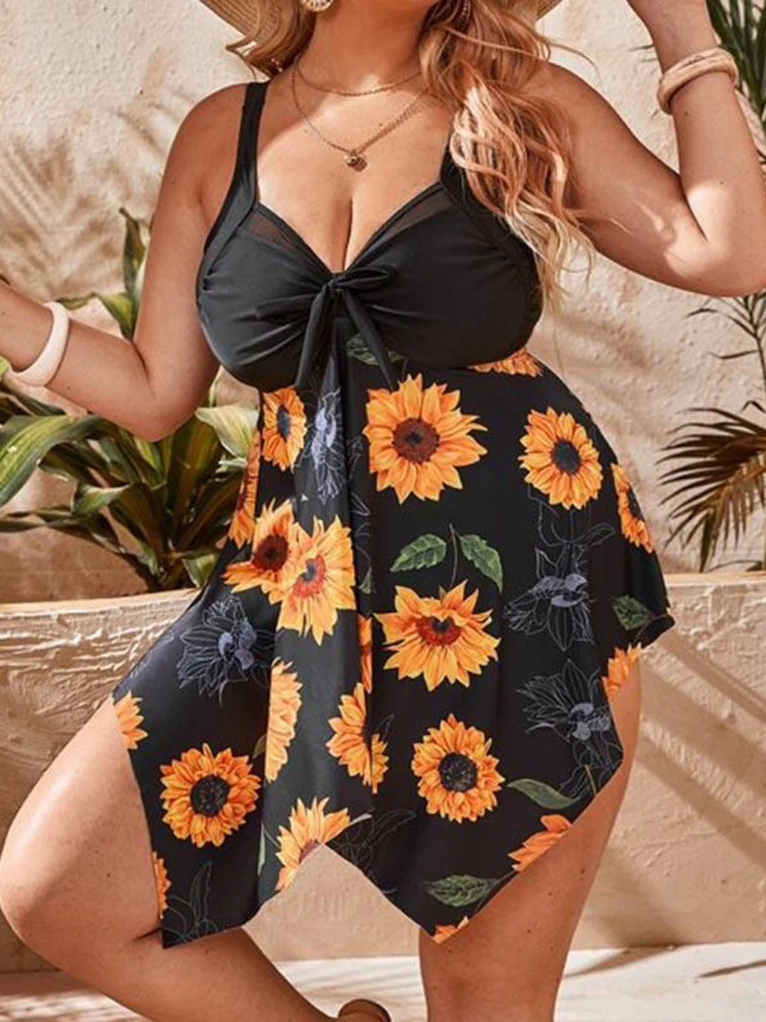 Sunflower Bow Knot Skirt Cover Belly Slim Split Tankini Plus Size