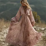 Boho Roses Floral Lace Art Flowy Linen Maxi Dress - Image 2