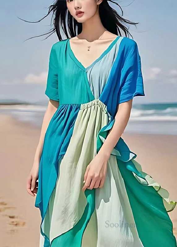 Pre sale - shipping in 30 days/Original Design Blue V Neck Patchwork Linen Party Dress Summer