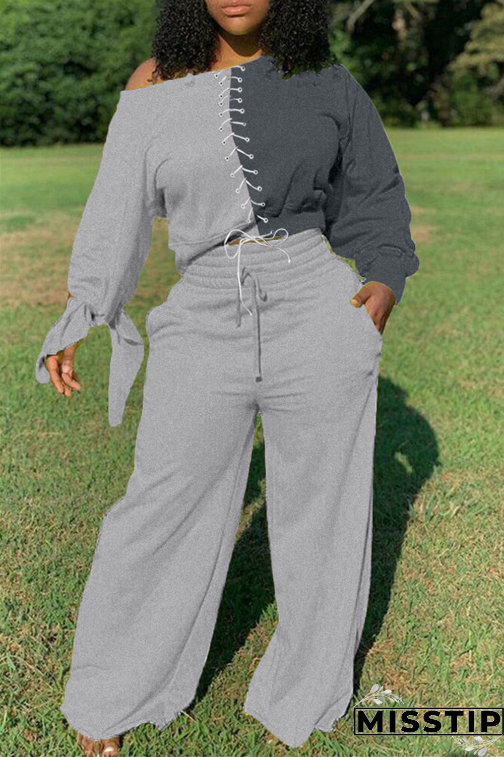 Gray Fashion Casual Long Sleeve Oblique Collar Regular Sleeve Short Patchwork Two Pieces