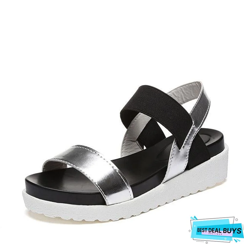 Women Slip On Elastic Band Peep Toe Sandals Platform Flat Roman Comfortable Sandals