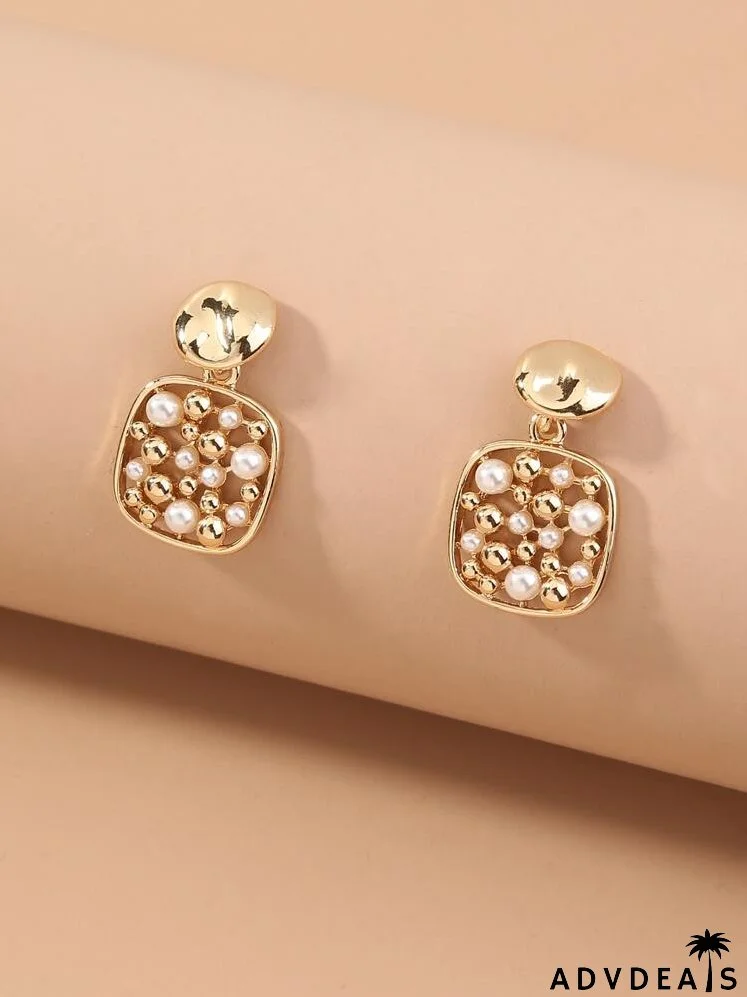 Faux Pearl Decor Hollow Out Square Drop Earrings