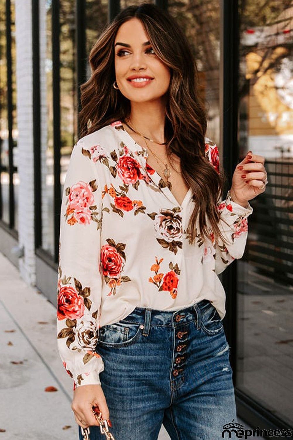 Beige Floral Print V Neck Button Down Blouse