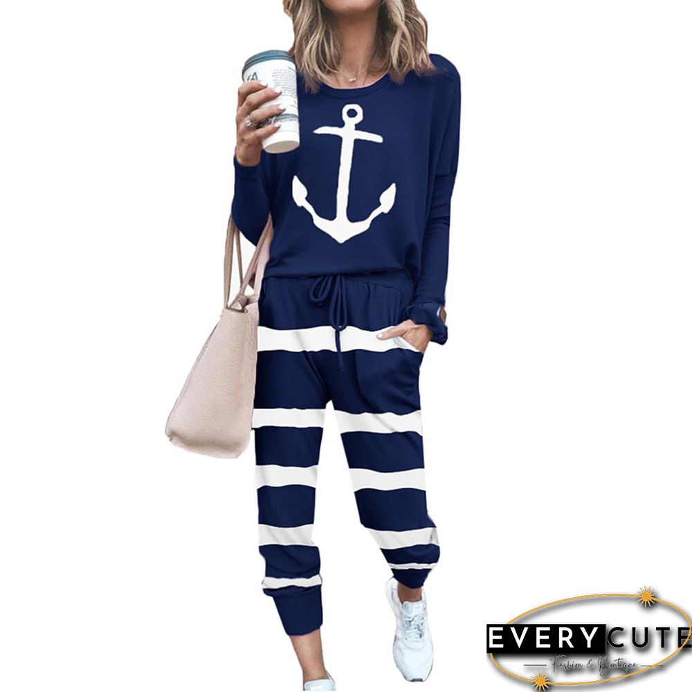 Navy Blue Long Sleeve Top and Striped Pant Set
