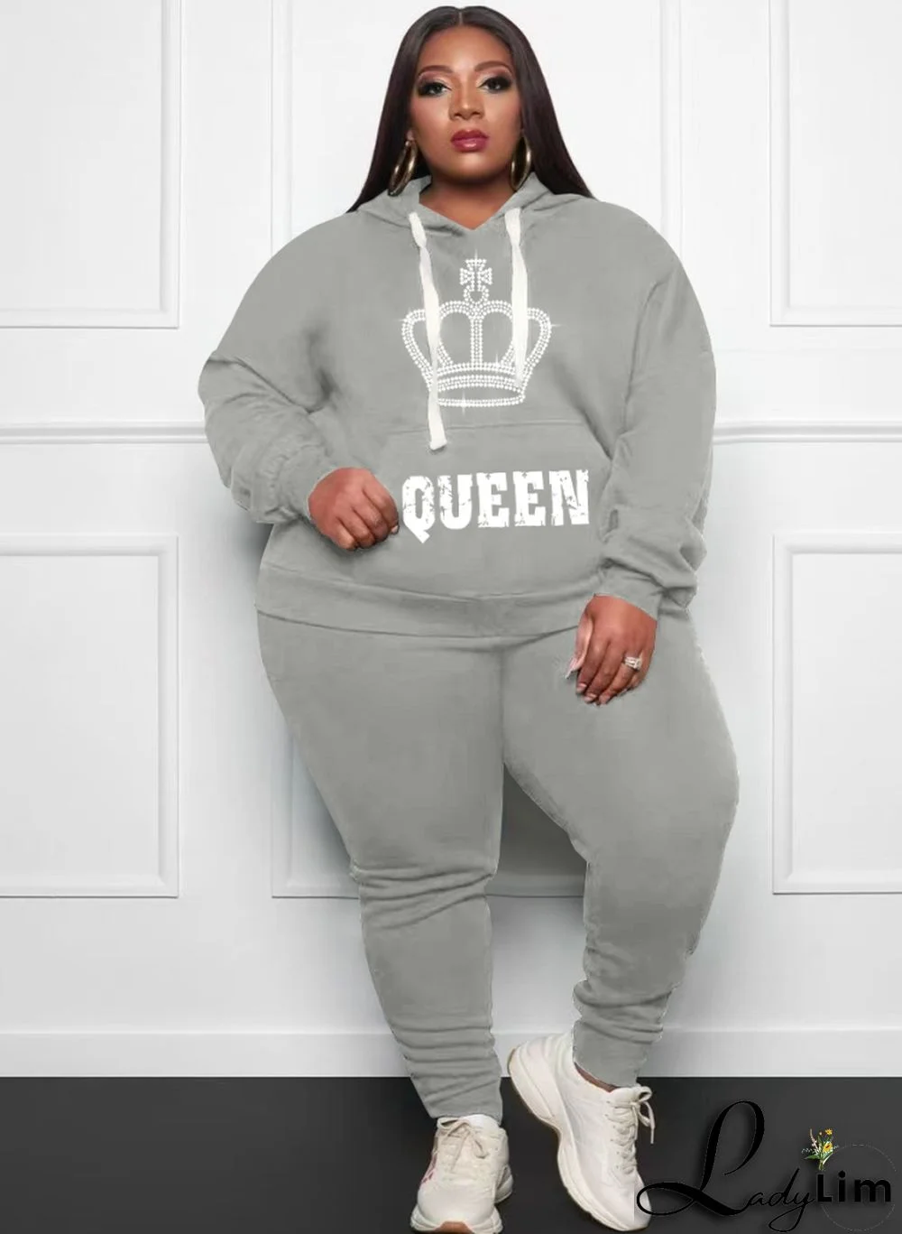 Spring Women Plus Size Casual Printed Gray Long Sleeve Hoodies and Sweatpants Two Piece Set Wholesale Sportswear