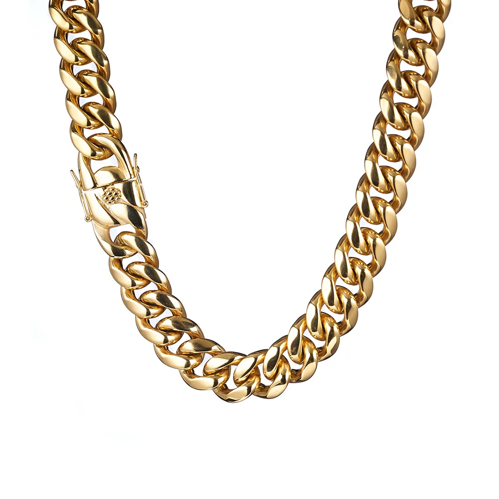 Mens Heavy Duty Cuban Chain Solid Gold Plated Necklace Bracelet 7 inches-36 inches Titanium Stainless Steel Men's Women's Necklace