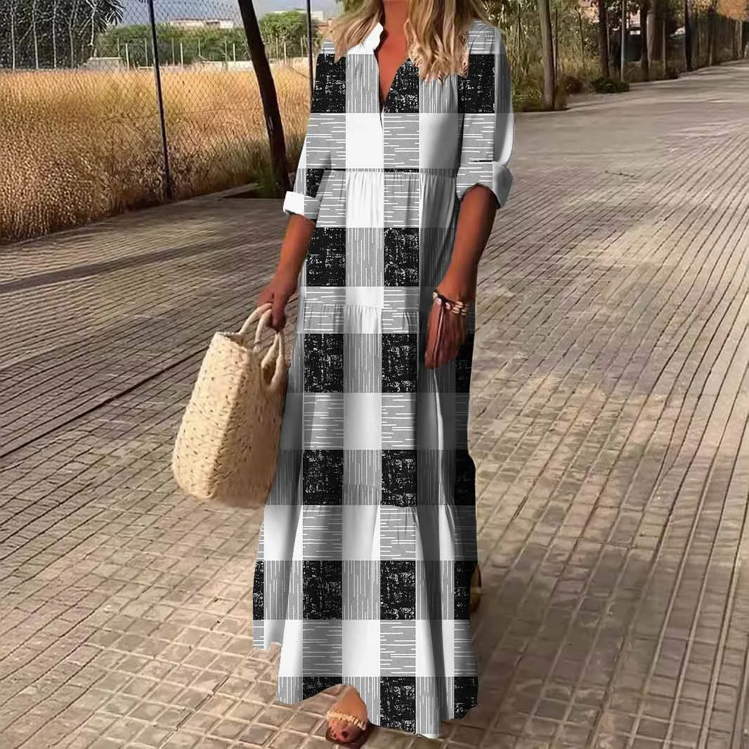 Women Plaid, Black, White DZDN0641 SPU Printed Long Sleeve V-neck Maxi Dress