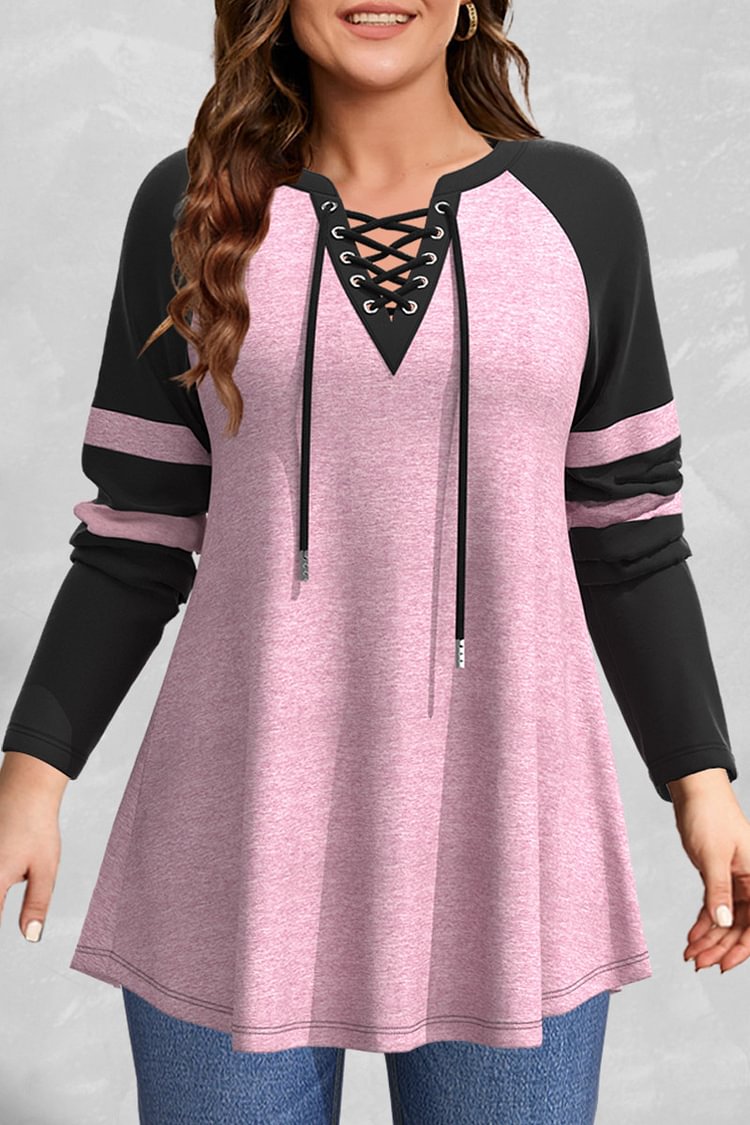 Flycurvy Plus Size Casual Pink Colorblock Cross Lace-Up V Neck Blouse  flycurvy [product_label]