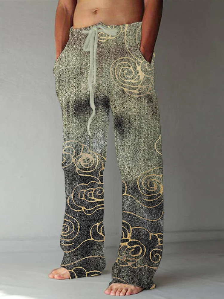 Comstylish Japanese Gold Auspicious Cloud Pattern Men's Linen Trousers