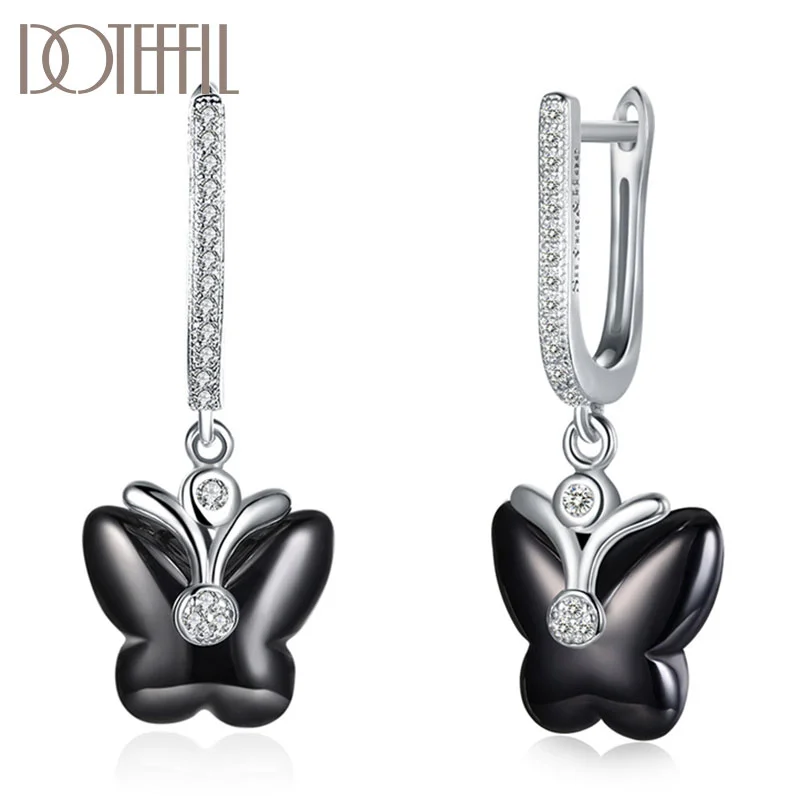 DOTEFFIL 925 Sterling Silver Ceramic Black/White Butterfly AAA Zircon Earrings Women Jewelry 