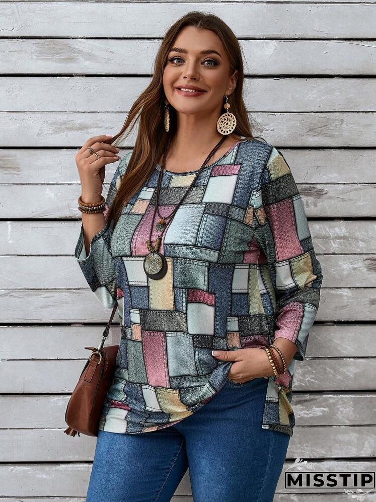 Plus Size Color Block Round Neck Casual Long Sleeve T-Shirt