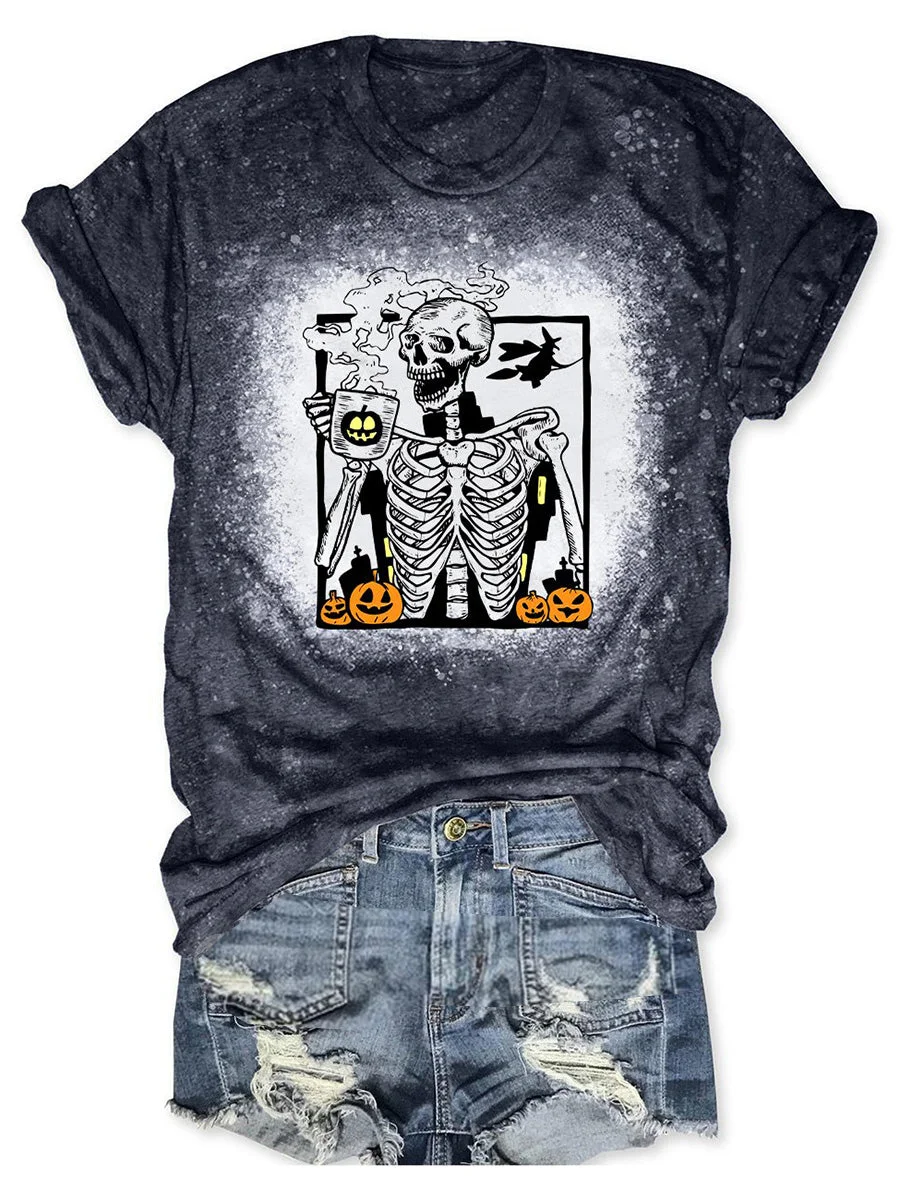 Halloween Hot Coffee Skeleton and Pumpkin Bleached Round Neck Short Sleeves T-shirt