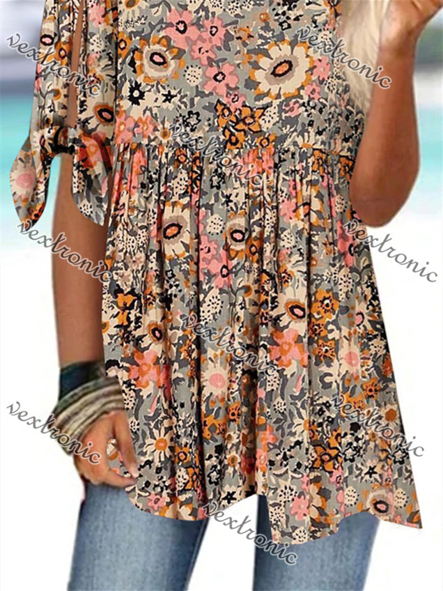 Women Half Sleeve V-neck Solid Color Dress