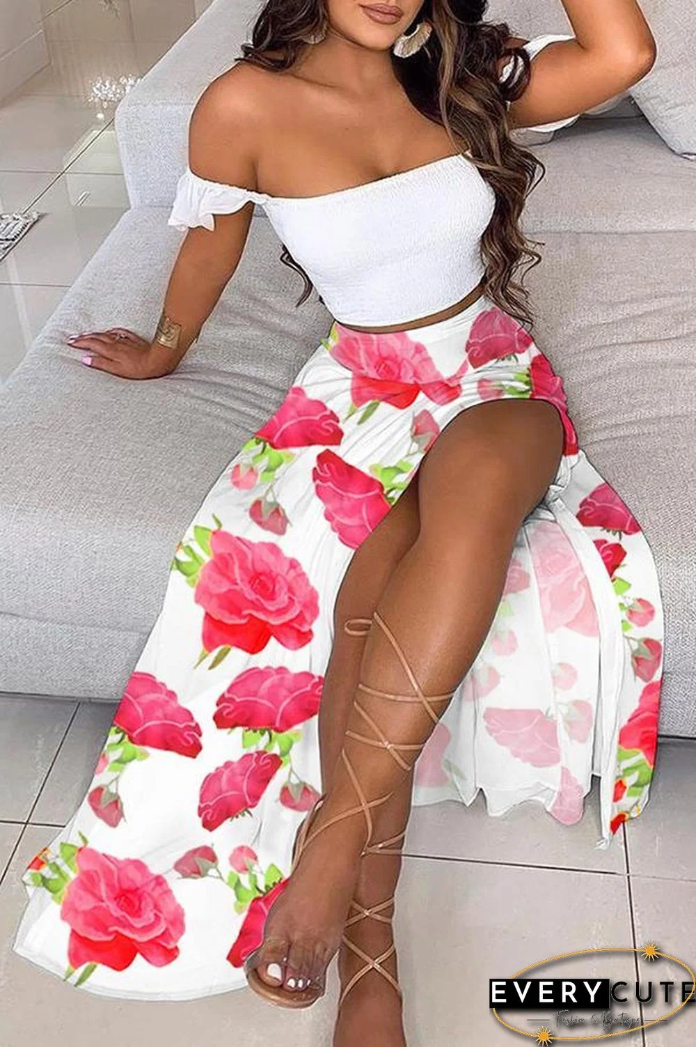 Off Shoulder Ombre Colorblock Top & High Slit Maxi Skirt Sets P13628