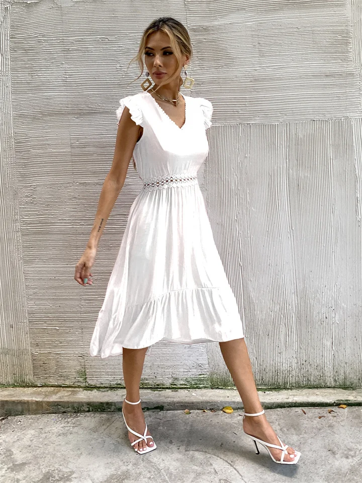 High Waist Shows Thin Ruffle Temperament, Commuter Solid Color Hollow Lace Stitched Dress