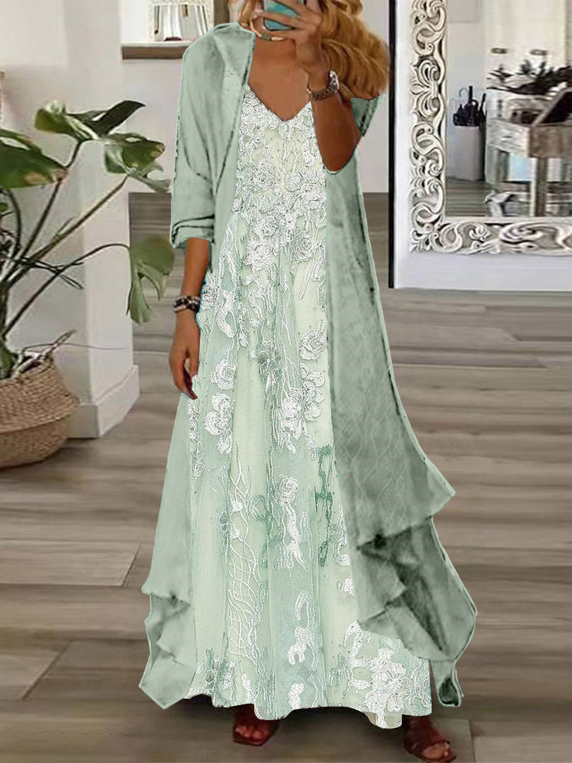 Women's Long Sleeve V-neck Floral Printed Two Pieces Maxi Dress