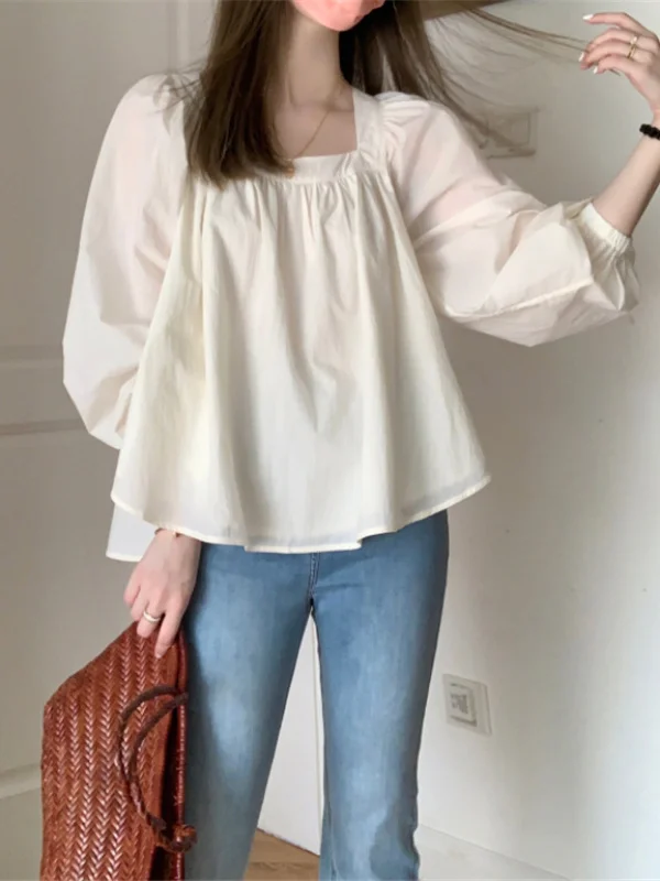 Vintage  Solid Color Square Neck Puff Sleeve White Shirt