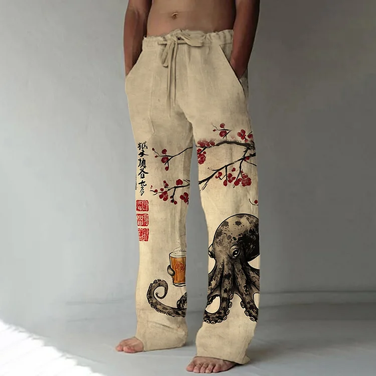 Men's Retro Japanese Octopus Drinking Beer Print Casual Pants