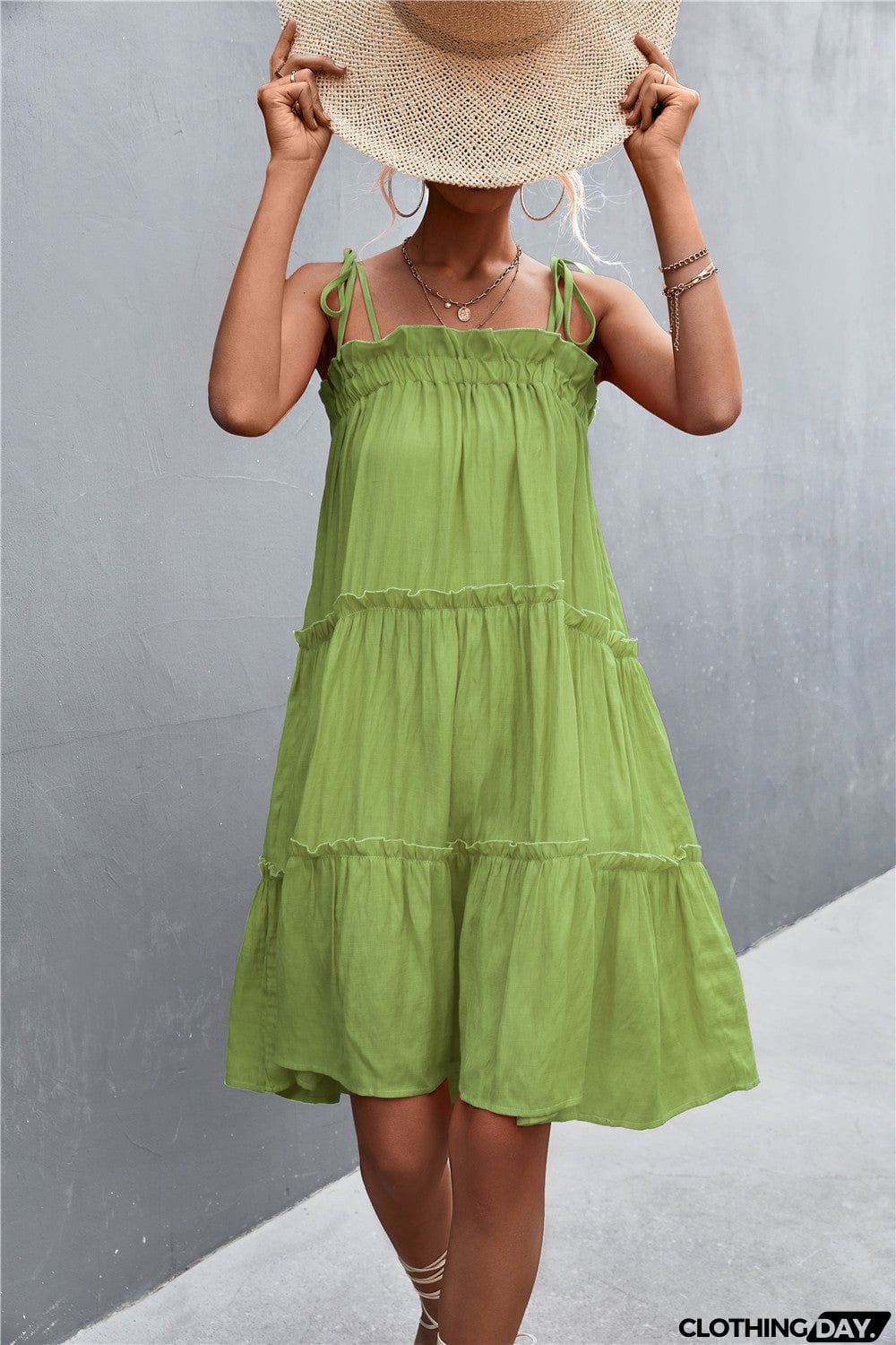 Tie-Shoulder Frill Trim Sleeveless Dress