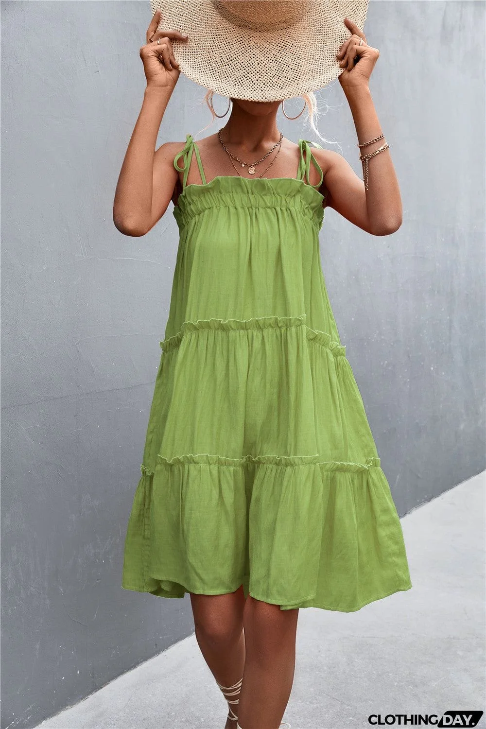 Tie-Shoulder Frill Trim Sleeveless Dress