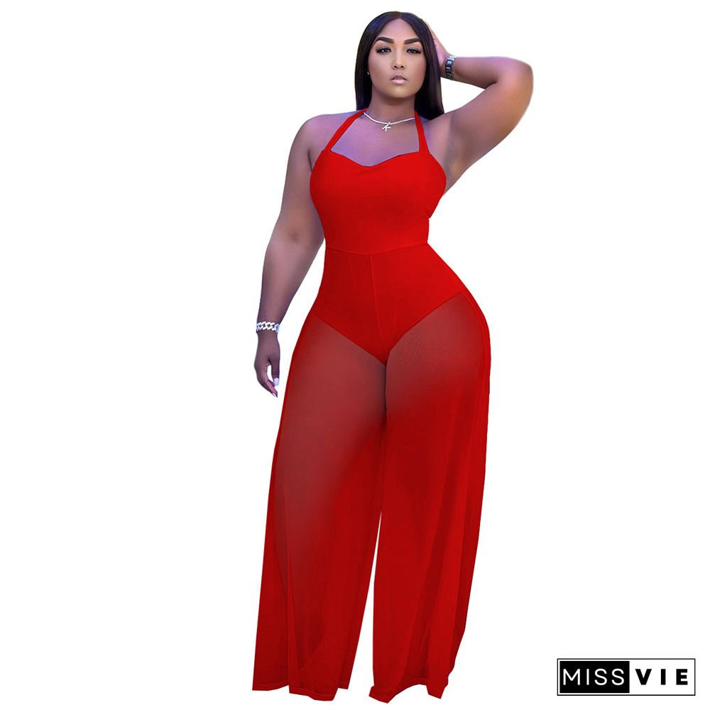 Mesh Sheer Patchwork Halter Neck Backless Jumpsuits
