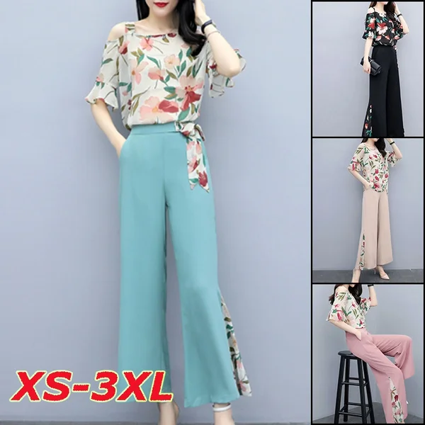 New 2 Piece Set Outfits For Women Floral Print Shirts And Pants Suits Summer Autumn Office Woman Elegant Set Clothing