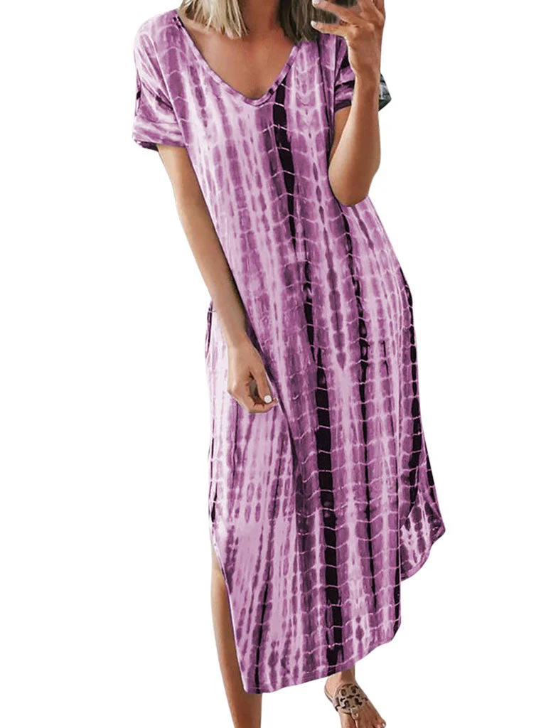 Women's Printed V-neck Side Slit Maxi Dress