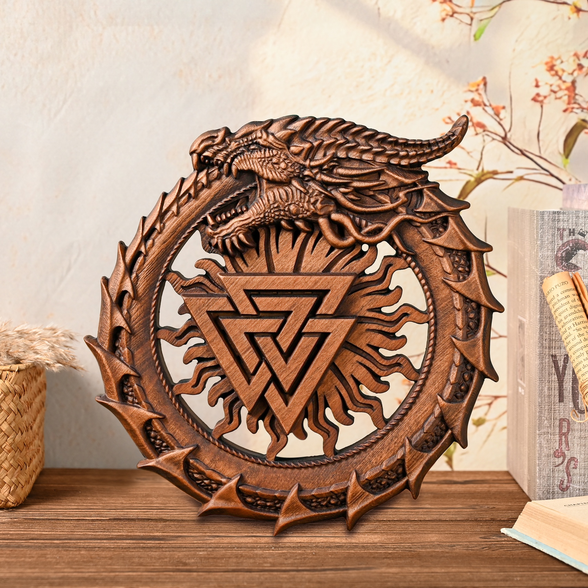 Viking Beechwood Totem: Hand-Carved Ouroboros & Valknut Wall Art &ndash; Nordic Mythology Decor for Living Room, Study & Gaming Space