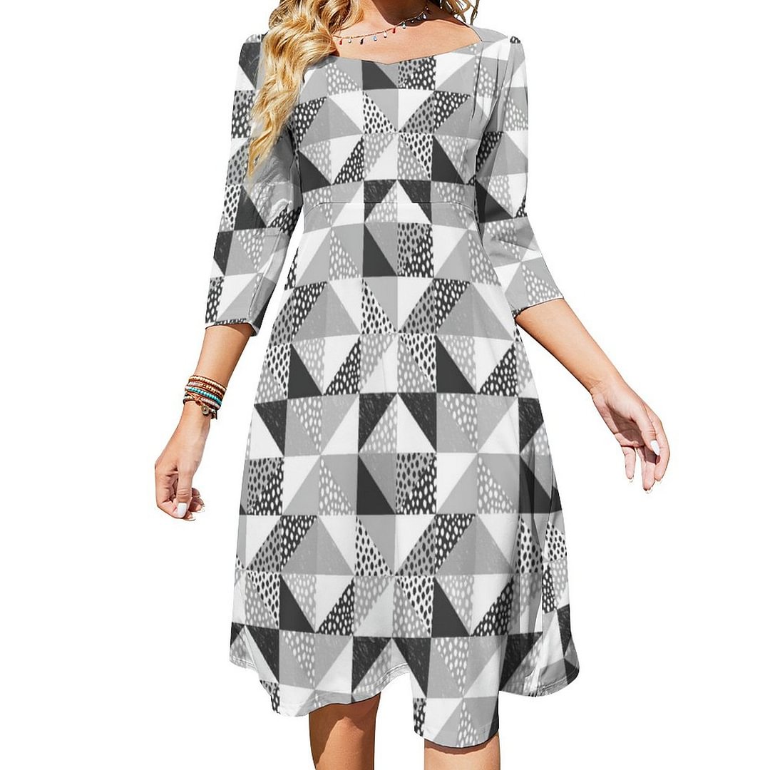 Black Grey White White Geometric Pattern Dress Sweetheart Tie Back Flared 3/4 Sleeve Midi Dresses
