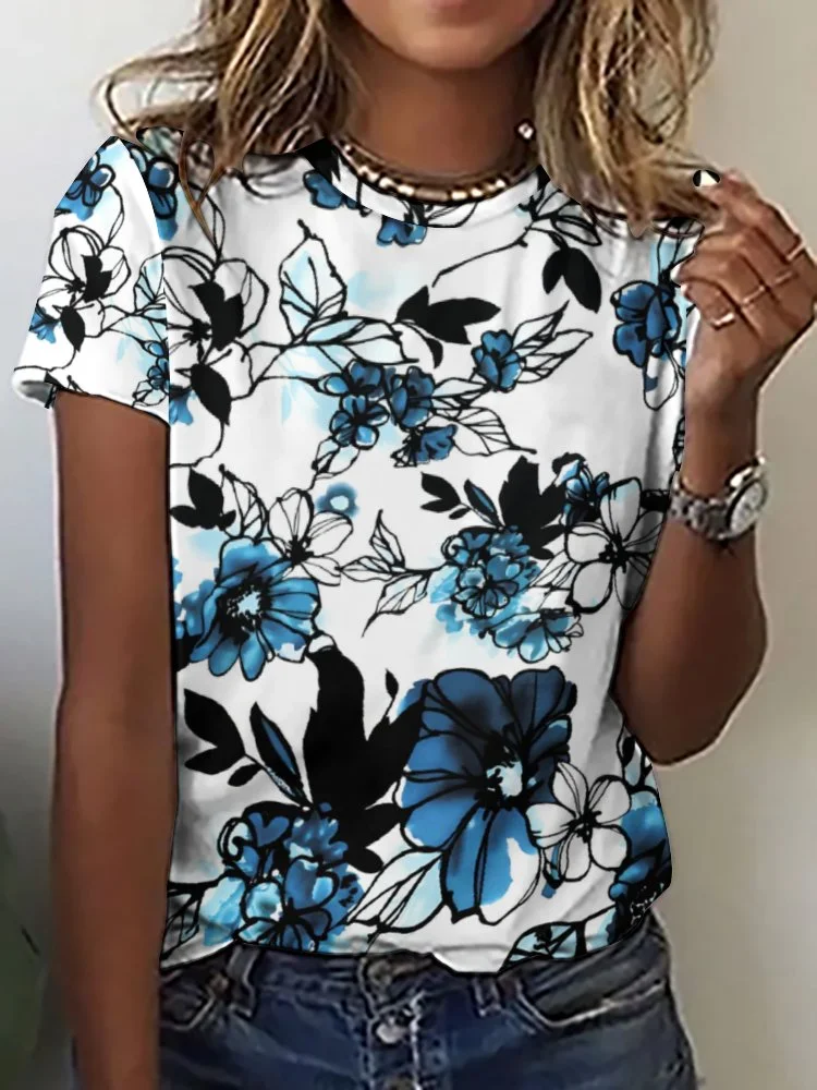 Printed Short Sleeve Casual T-shirt for  Women and Men Unisex Pattern Floral, Blue