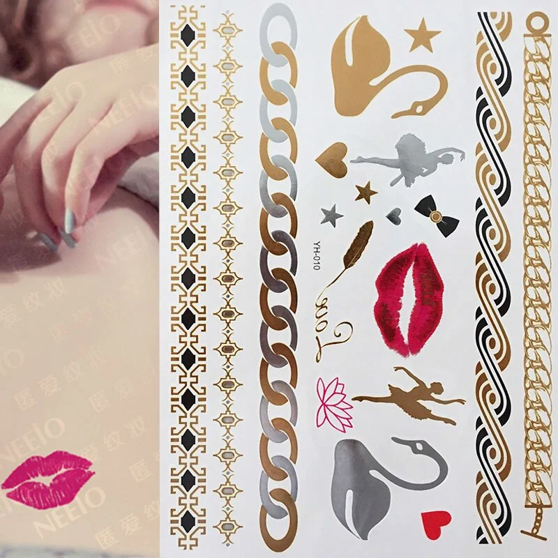 Metallic Gold Tattoo Silver Waterproof Temporary tattoos Stickers on the body women Flash Tattoo Stickers men