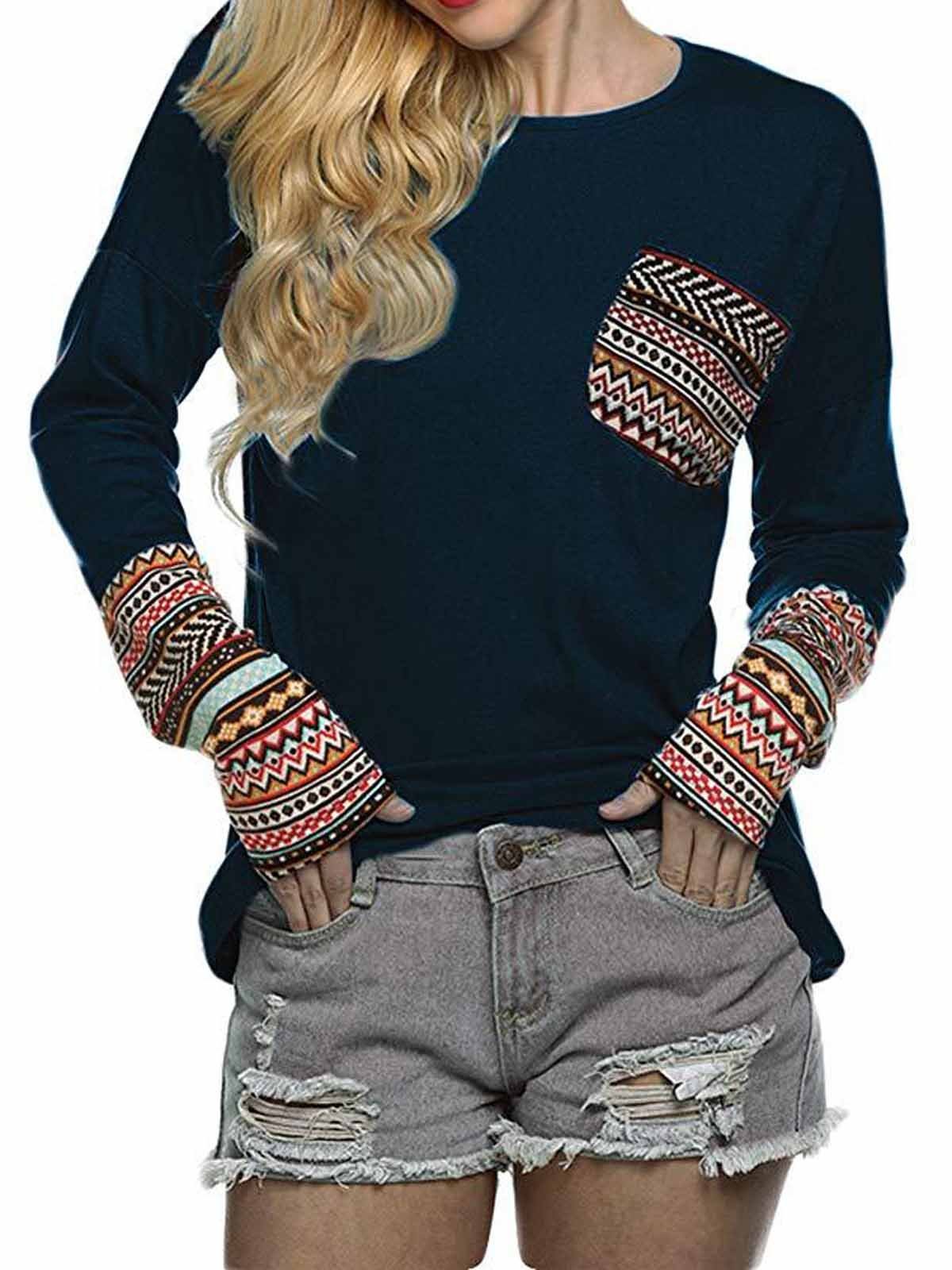 Women's Long Sleeve O-Neck Patchwork Casual Tops