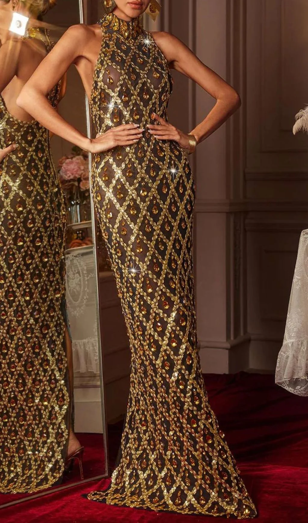Fashionslee Women Liora Sequin Crystal Maxi Dress In Gold