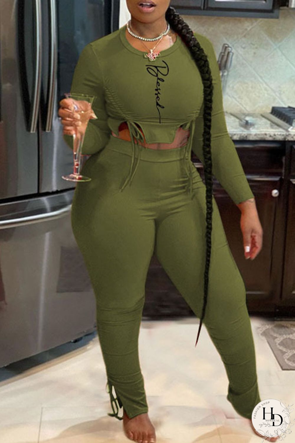 Black Sexy Print Split Joint Frenulum O Neck Long Sleeve Two Pieces