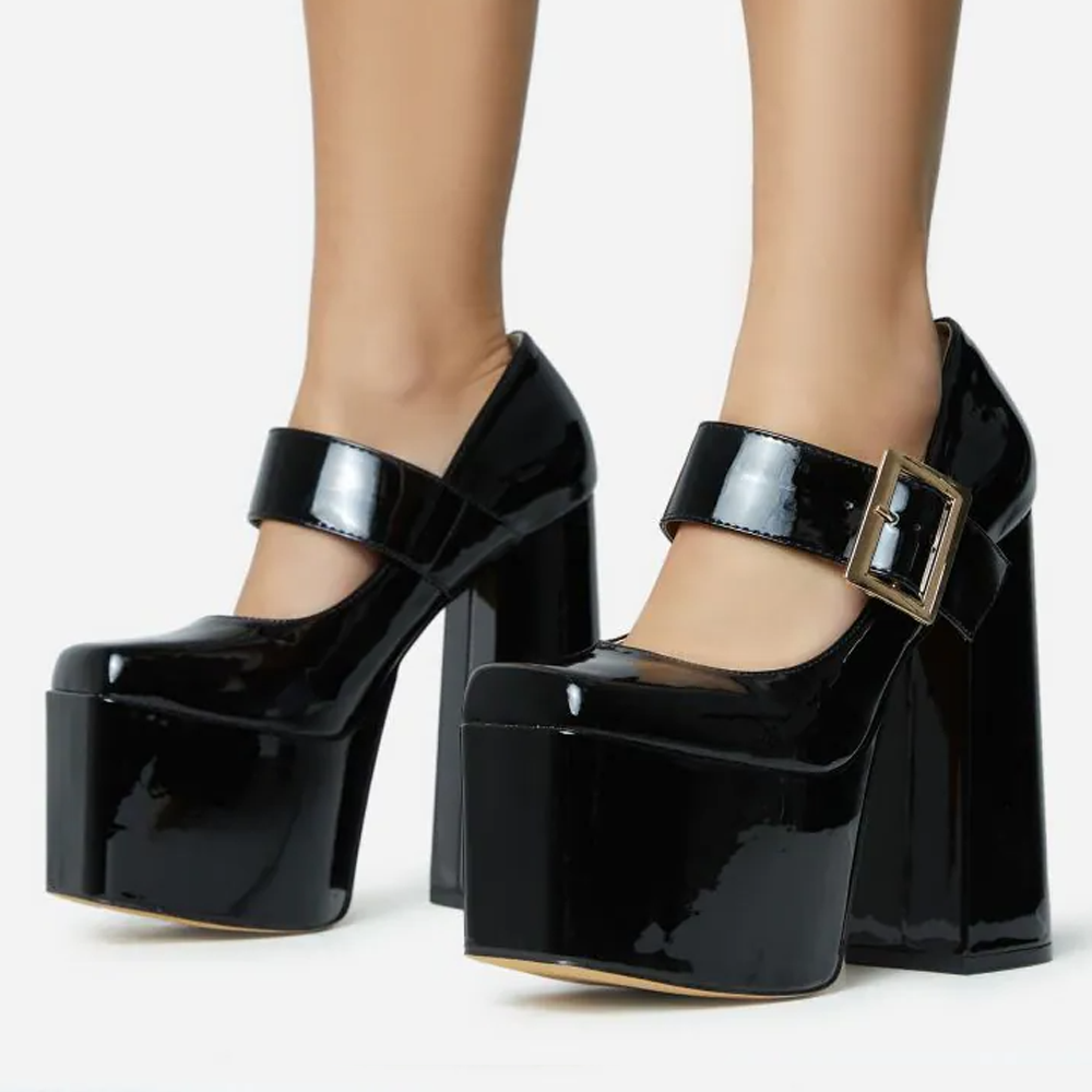 Black Square Toe Heels Platform Chunky Super Heel Leather Oxford Shoes