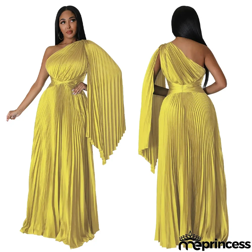 Fashion Women's One Shoulder Pleated Slash Shoulder Slim Waist Dress