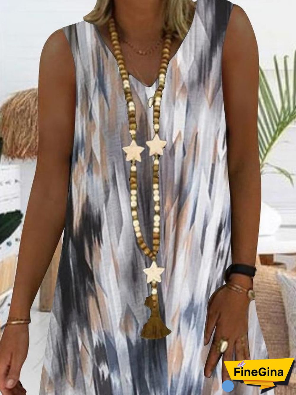 Women White Sleeveless V-neck Printed Midi Dress